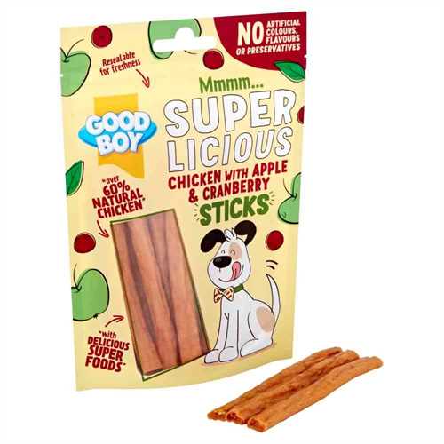 Good Boy Super Licious Stick Dog Treats - Chicken, Apple & Cranberry - 100g
