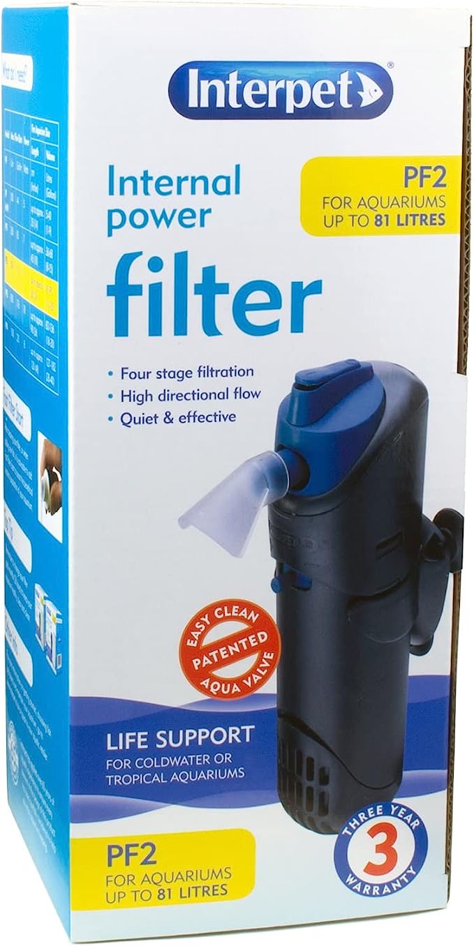 Interpet Internal Aquarium Fish Tank PF2 Power Filter, Cleans Water, for Coldwater & Tropical Aquariums Up to 81 Litre
