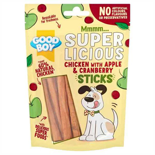 Good Boy Super Licious Stick Dog Treats - Chicken, Apple & Cranberry - 100g