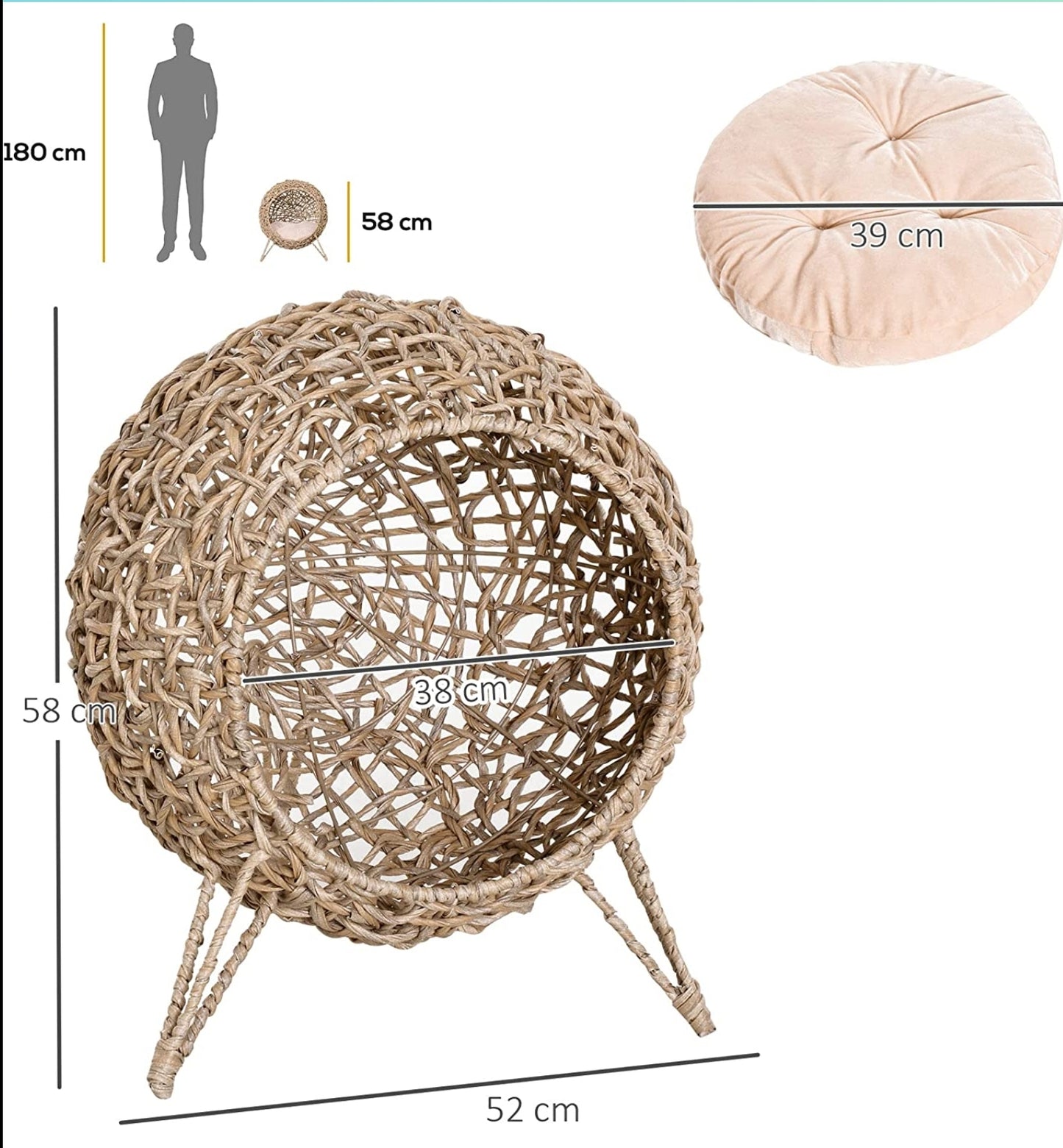 PawHut Wicker Cat House, Rattan Elevated Cat Bed with Three Tripod Legs, Ball-Shaped Cat Basket with Cushion