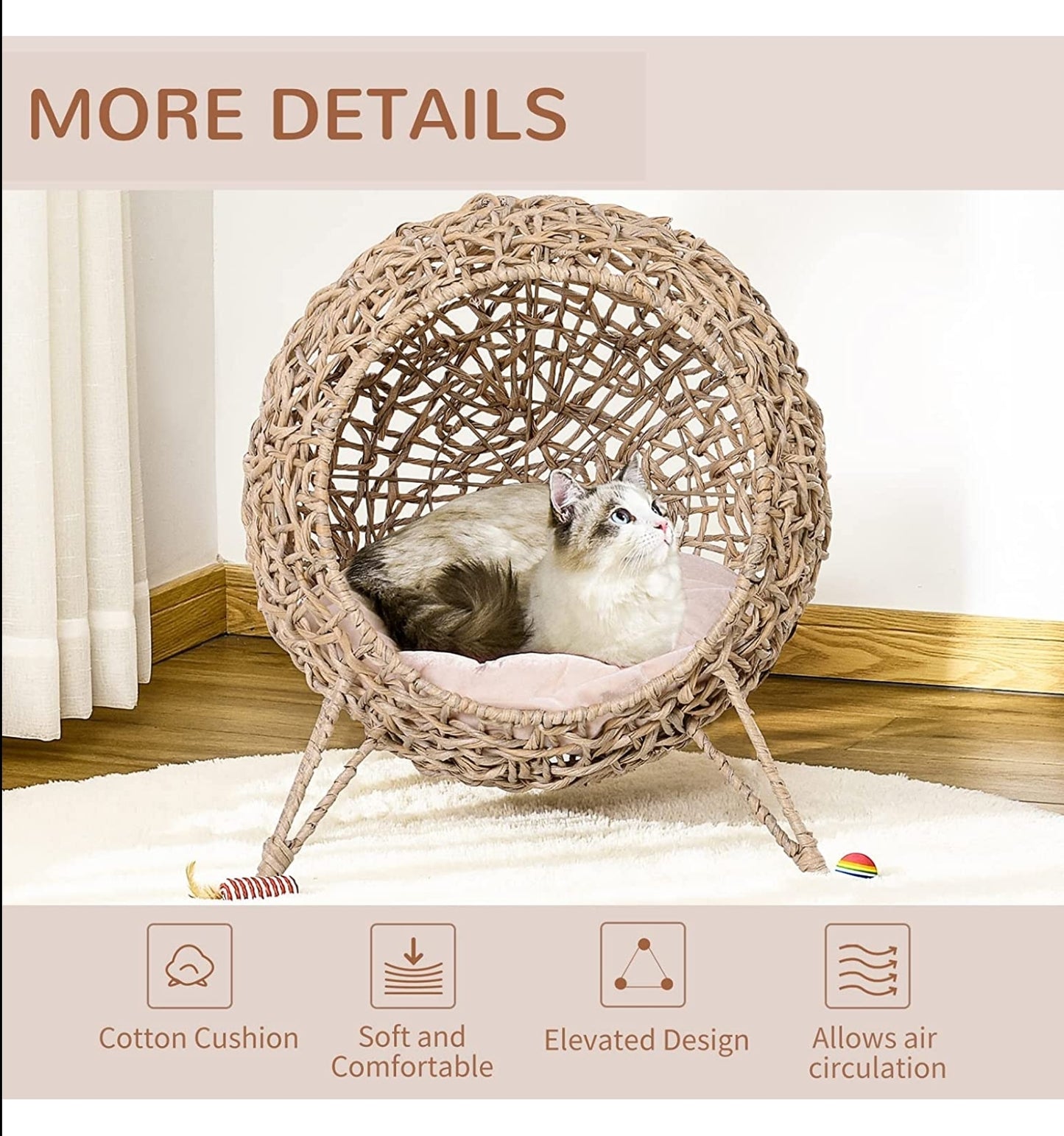PawHut Wicker Cat House, Rattan Elevated Cat Bed with Three Tripod Legs, Ball-Shaped Cat Basket with Cushion
