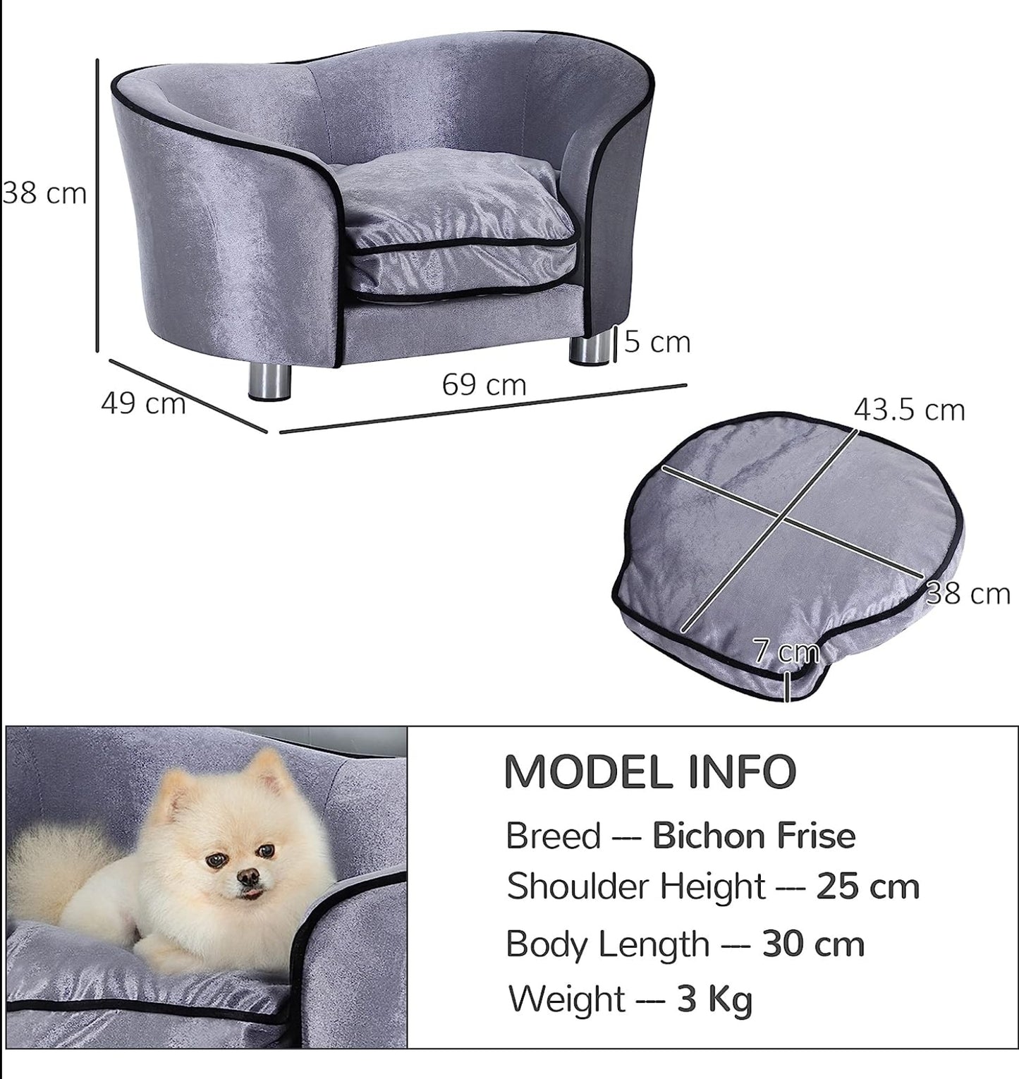 PawHut Dog Sofa Bed for Miniature Dogs, Pet Chair Couch Kitten Lounge with Soft Washable Cushion, Thick Sponge, Wooden Frame, Storage Pocket