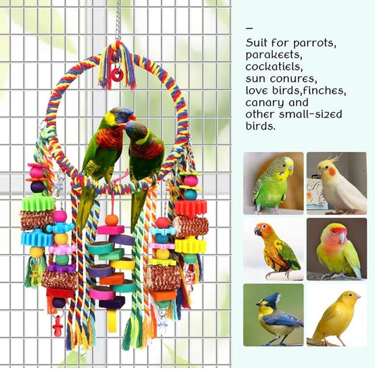 Bird Rope Ring Swing Perch with Corn Cob Cardboard Bagels Wooden Blocks Chewing Toy