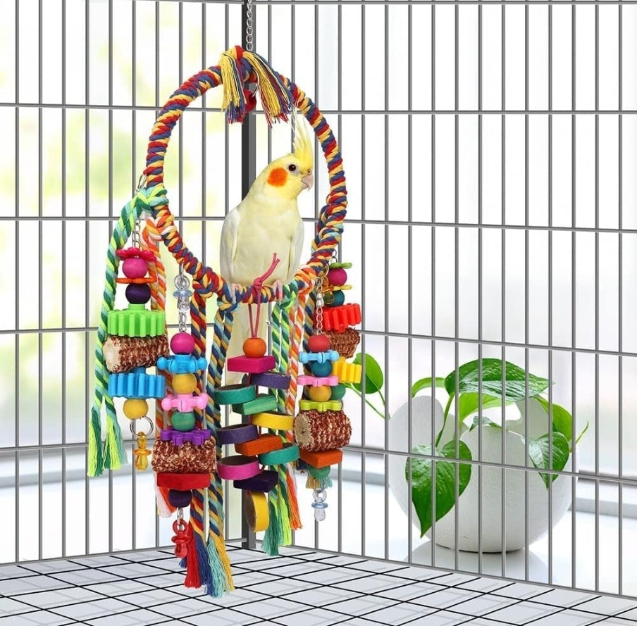 Bird Rope Ring Swing Perch with Corn Cob Cardboard Bagels Wooden Blocks Chewing Toy