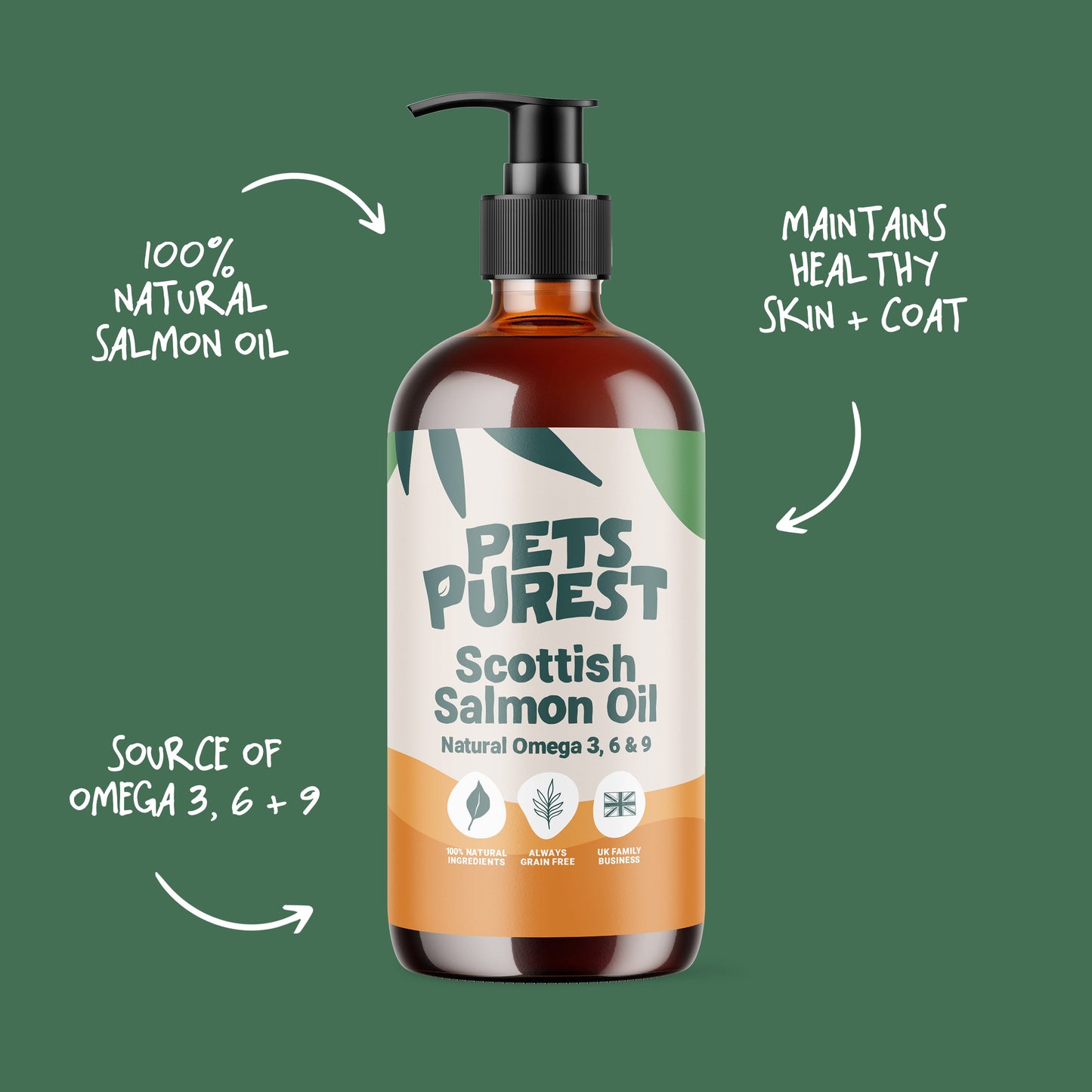 Pets Purest Scottish Salmon Oil For Dogs, Cats, Horse, Ferret & Pet - Pure Omega 3, 6 & 9 Fish Oil Food Treats Supplement for Natural Coat