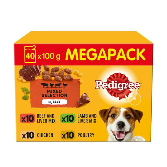 Pedigree Adult Wet Dog Food Pouches Mixed In Jelly Mega Pack 40x100g