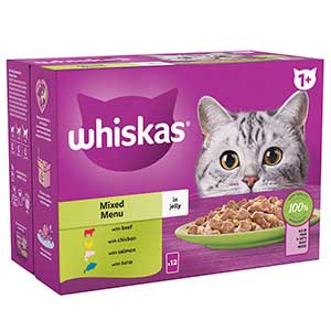 Whiskas Wet 1+ Adult Cat Food Mixed Menu in Jelly 12x85g Pouches