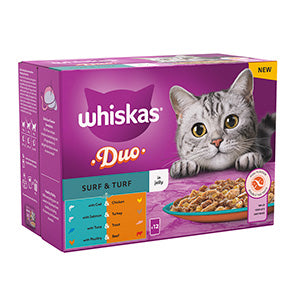 Whiskas Wet 1+ Adult Cat Food Duo Surf and Turf in Jelly 12x85g Pouches