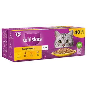 Whiskas Wet 1+ Adult Cat Food Poultry Feasts in Jelly 40x85g Pouches