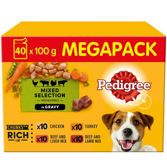 Pedigree Adult Wet Dog Food Pouches Mixed In Gravy Mega Pack 40x100g